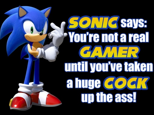 Picture of Sonic the hedgehog with the following caption: Sonic says: You're not a real gamer until you've taken a huge cock up the ass!