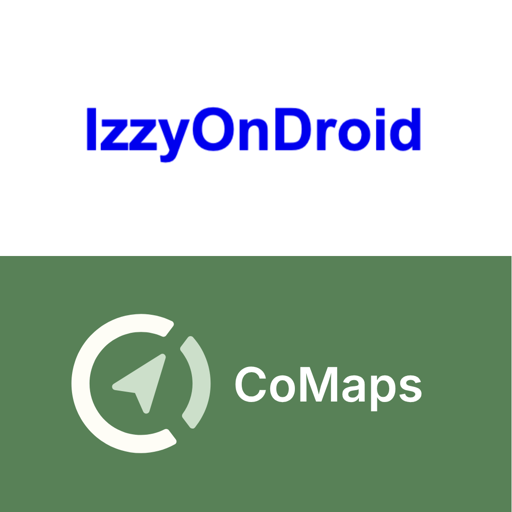 At the top “IzzyOnDroid” in blue, and below the CoMaps logo in olive green.