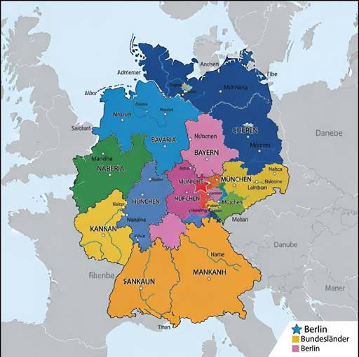 Eine KI generierte Deutschland Karte, die völlig verrückt ist. Es gibt München, Müniche, Nüfchen, NUnechen, Mü]chen und weitere Fantasie Orte