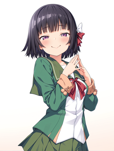 A young woman with purple eyes, short dark hair, and a smug smile standing with her hands steepled in front of her chest in a scheming gesture. She is wearing a school uniform that includes a green and white shirt with a sailor collar, red bow tie, and a matching green pleated skirt. 