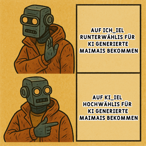 Ein zweigeteiltes Meme im Stil des Drake-Memes: Links ein kantiger Retro-Roboter mit oranger Jacke. Oben weist er ablehnend mit der Hand ab, daneben steht: 'Auf ICH_IEL Runterwählis für KI generierte Maimais bekommen'. Unten zeigt der Roboter zustimmend auf den Text: 'Auf KI_IEL Hochwählis für KI generierte Maimais bekommen'. 