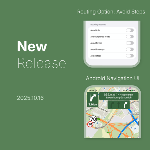On the left "New Release 2025.10.16". On the right top "Routing Option: Avoid Steps" with screenshot and right bottom "Android Navigation UI" with screenshot.