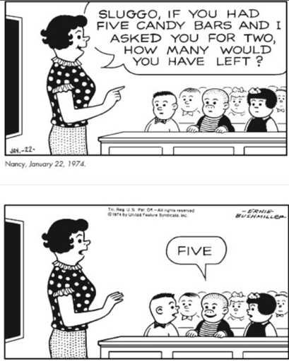 Two-panel comic strip. Panel 1: Sluggo is sitting in a classroom with Nancy and other kids. A teacher asks, "Sluggo, if you had five candy bars and I asked you for two, how many would you have left?" Panel 2: Sluggo smiles and answers, "Five."