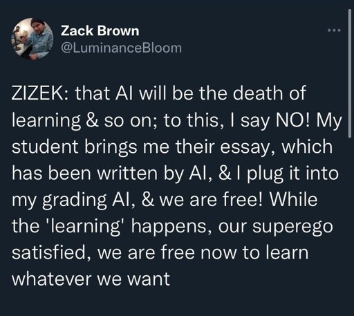 A social post which reads: Zizek: that AI will be the death of learning & so on; to this, I say NO! My student brings me their essay, which as been written by AI, & I plug it into my grading AI, & we are free! While the 'learning' happens, our superego satisfied, we are free now to learn whatever we want