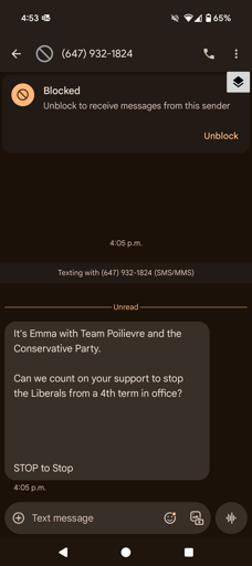 text message: "It's Emma with Team Poilievre and the Conservative Party. Can we count on your support to stop the Liberals from a 4th term in office?STOP to Stop"