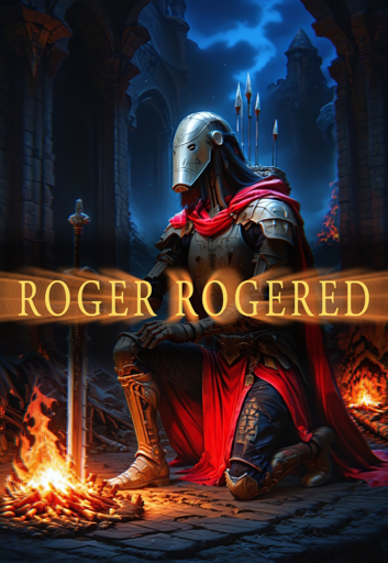 A heavily armored figure kneeling beside a crackling campfire under a dark, cloudy night sky, with the words "ROGER ROGERED" prominently overlaid on the image. The warrior is a Star Wars B1 Battle Droid wearing intricate metallic armor that blends medieval knight aesthetics with futuristic design. A deep red cloak flows over its shoulders and pools around it. Its gauntlet-clad hands rest upon his raised knee, with the other holding a large sword embedded point-first into the ground, reflecting the firelight in front of it. In the background, the imposing silhouette of a castle is visible against the night sky.