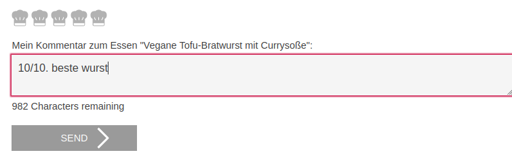 Es handelt sich um das Bewerbungsformular für das Gericht "Vegane Tofu-Bratwurst mit Currysoße". Dort werden 5 von 5 Sternen (hier als Kochhüte dargestellt) vergeben mit dem Kommentar "10/10. beste wurst"