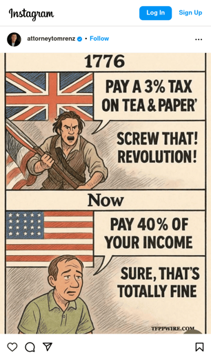 A two panel comic. Top panel has a title of 1776, and a white man is yelling angrily. The word bubble says "Pay a 3% tax on tea and paper. Screw that! Revolution!" The bottom panel has the title Now and a white man looking despondent. The word bubble says "Pay 40% of your income. Sure that's totally fine."