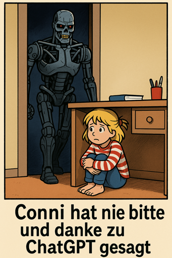 Klar, hier Comic-Zeichnung: Ein bedrohlicher, roboterartiger Terminator steht in einer Tür und blickt in ein Zimmer. Unter einem Holzschreibtisch hockt ein blondes Mädchen im rot-weiß gestreiften Shirt ängstlich zusammengekauert. Darunter steht der Text: 'Conni hat nie bitte und danke zu ChatGPT gesagt.'
