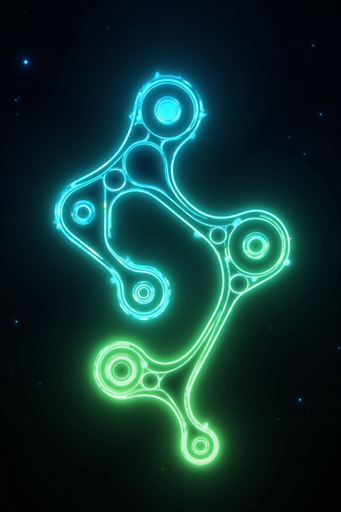 A vertically oriented abstract symbol glows against a dark background dotted with faint specks like distant stars. The symbol consists of several circular nodes of varying sizes linked by smooth, curved pathways, with the upper section radiating a bright cyan and blue neon light and smoothly transitioning into a lime green glow in the lower half.